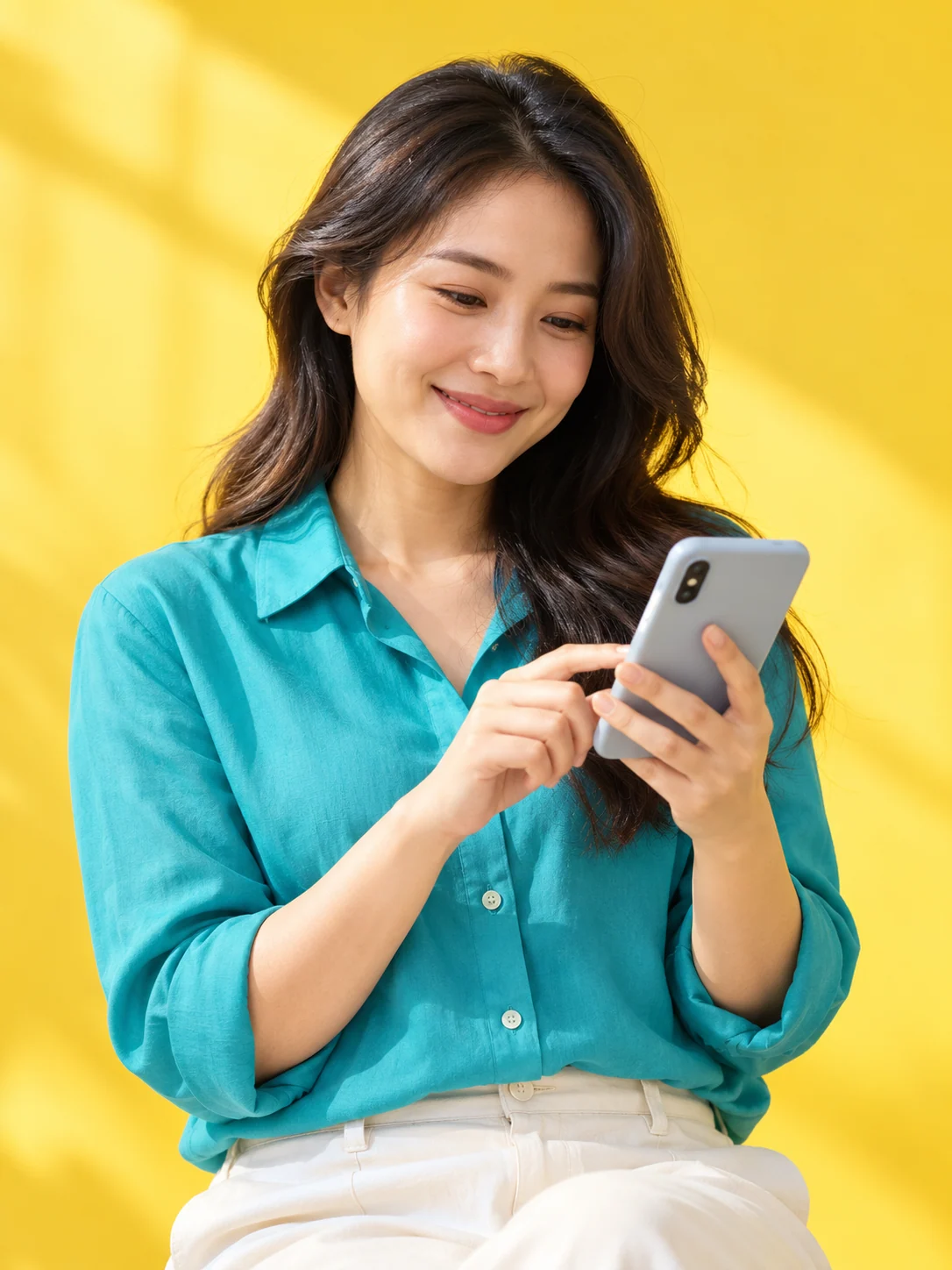 Ảnh minh họa người phụ nữ sử dụng điện thoại trong không gian tươi sáng